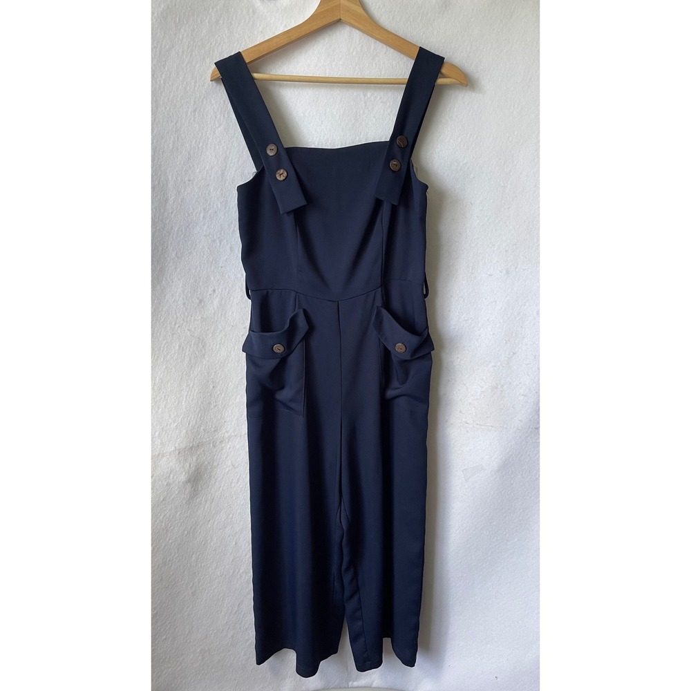 Crystal Doll Navy Blue Wide Leg Jumpsuit Womens Small Button Strap Cargo Pocket